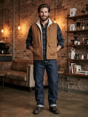 Lee Men’s Sherpa Lined Canvas Workwear Vest Tobacco Brown Full Zip M